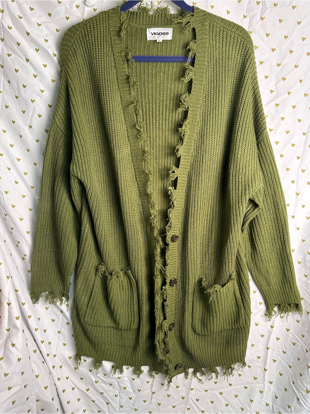 Vigoss Olive Distressed Button-Front Knit Cardigan Size Large NWOT Boho Sweater